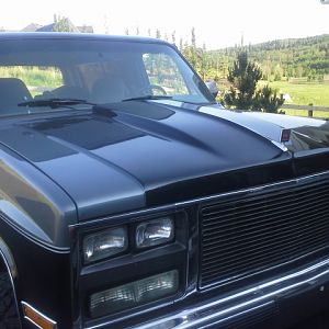 when the tree took out the hood, it was replaced with a nice cowl one, and painted to match with the black center