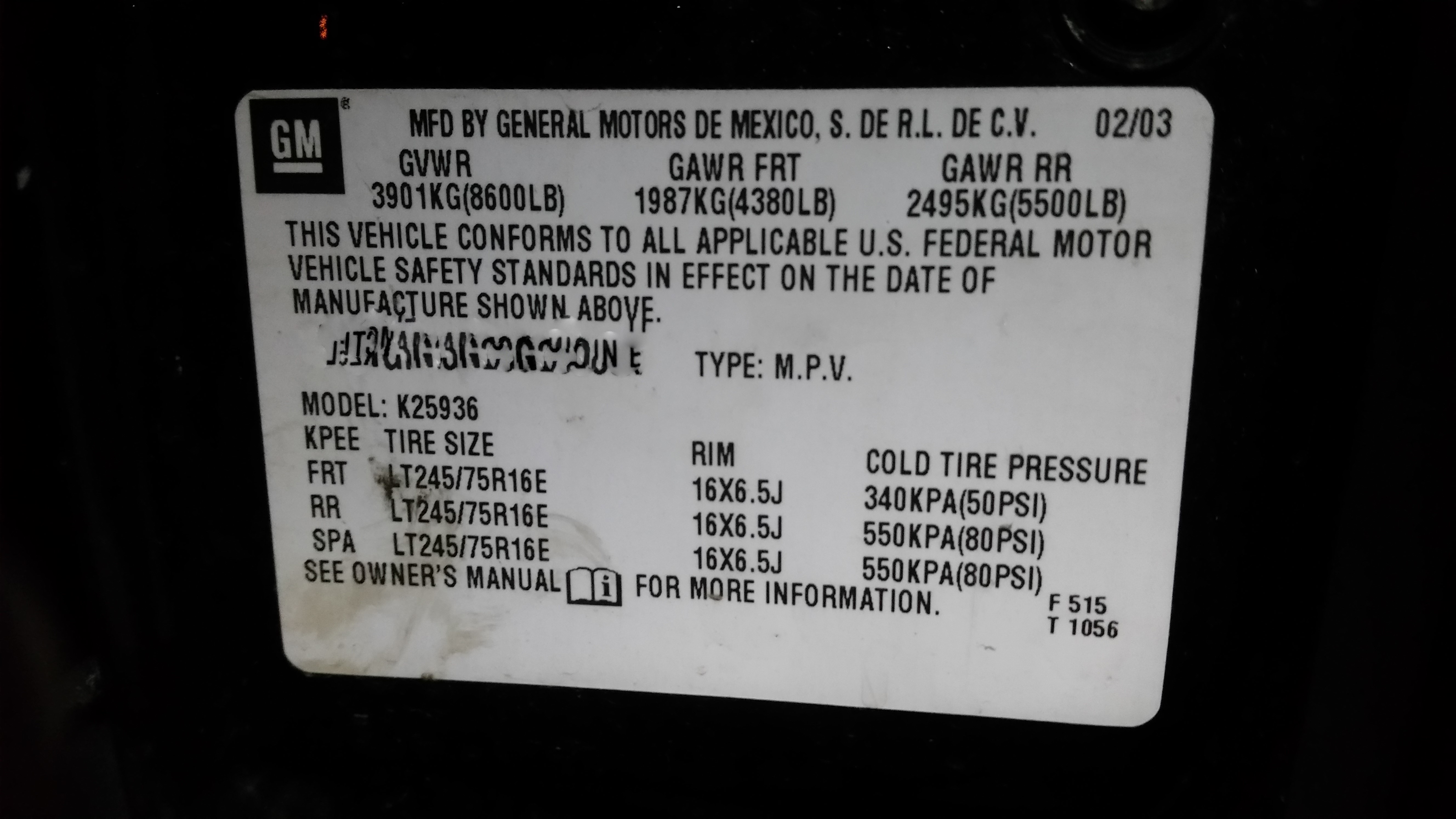 Avy GVWR Tag