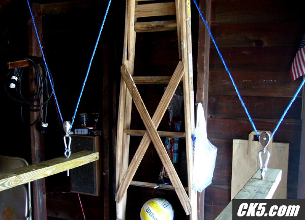 Driver's side pulleys and 2x4s