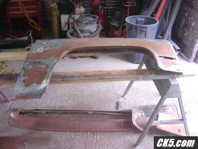 Front fender trimed, welded, ground, and sanded
