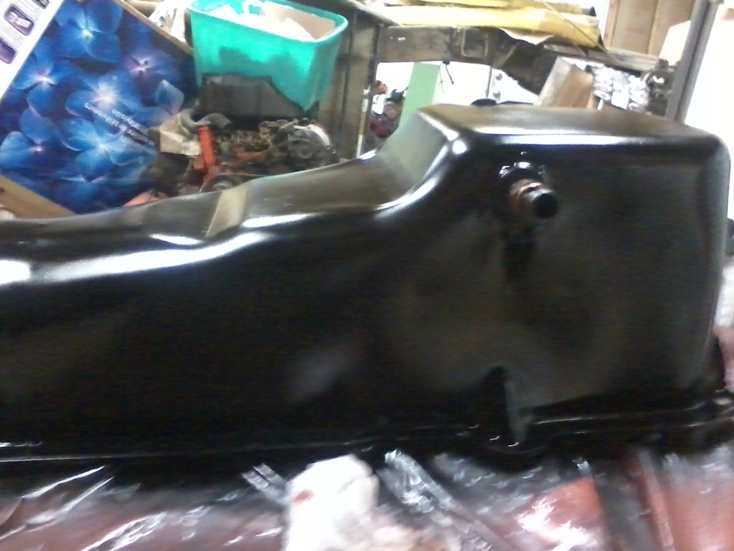 Oil pan with fitting brazed in for oil temp testing later